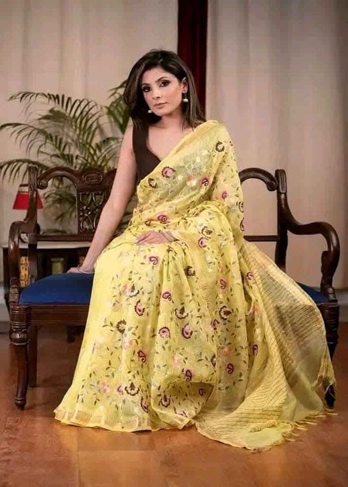 Pure Linen cota silk embroidery saree