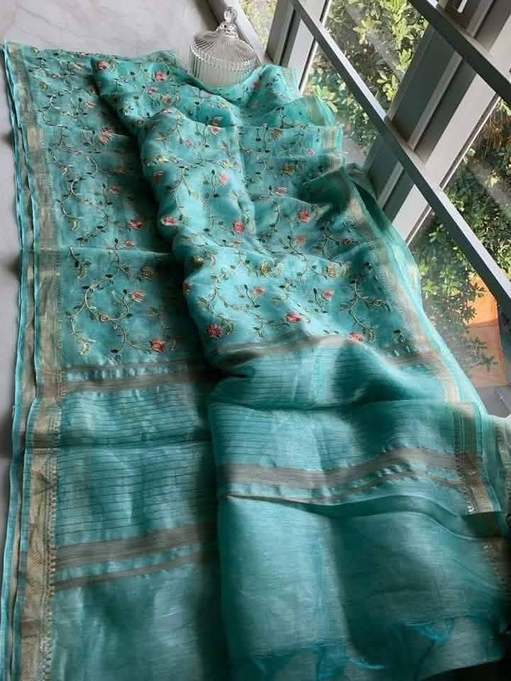 Pure Linen cota silk embroidery saree