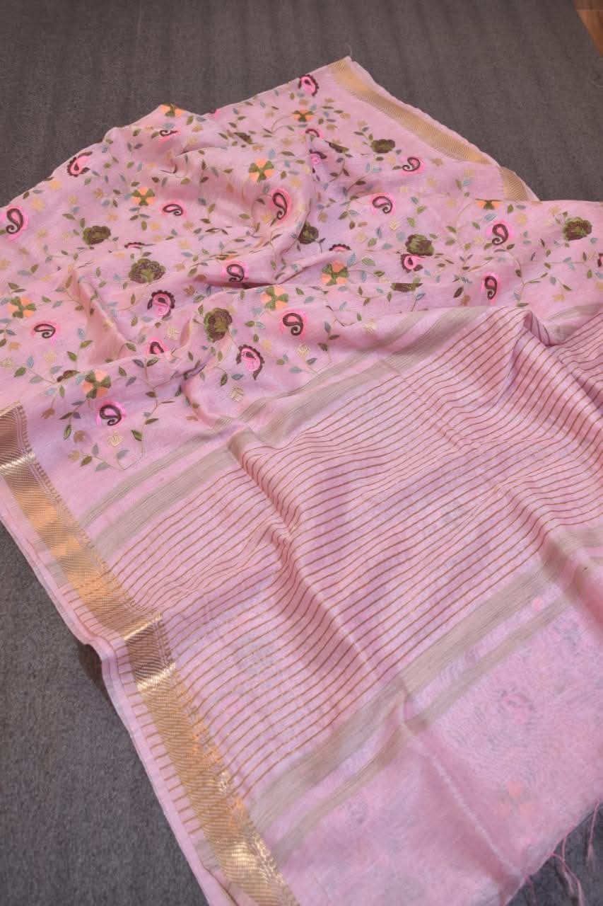 Pure Linen cota silk embroidery saree