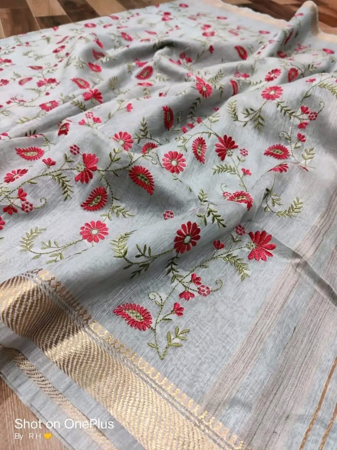 Pure Linen cota silk embroidery saree