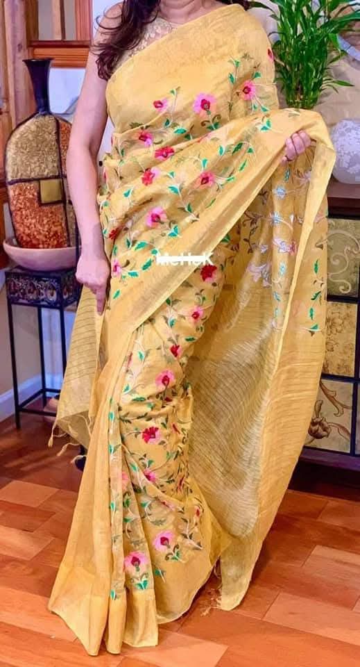 Pure Linen cota silk embroidery saree
